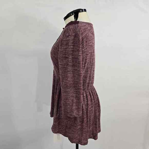Bloomchic Blouse Women's 1X Plus Knit Round Neck Lace Long Sleeve Burgundy NWT - Picture 7 of 8